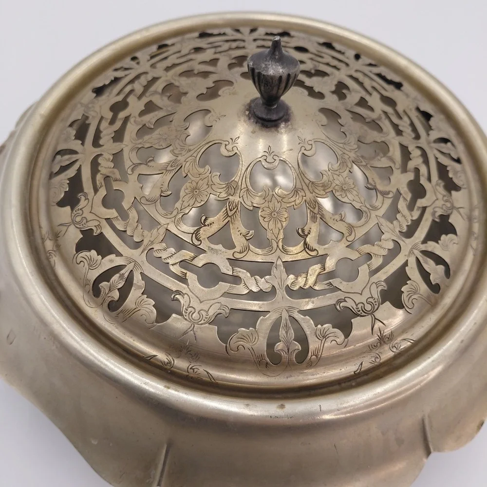 Vtg Silver Plate Dish Flower Frog Floral Potpourri 2455 Victorian Ornate Style‎
